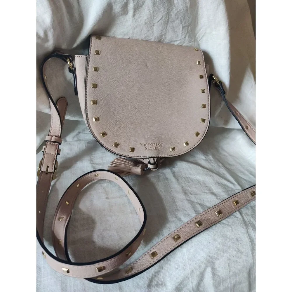 Victoria's Secret Blush Pink Studded Saddle Bag Gold Hardware Crossbody
